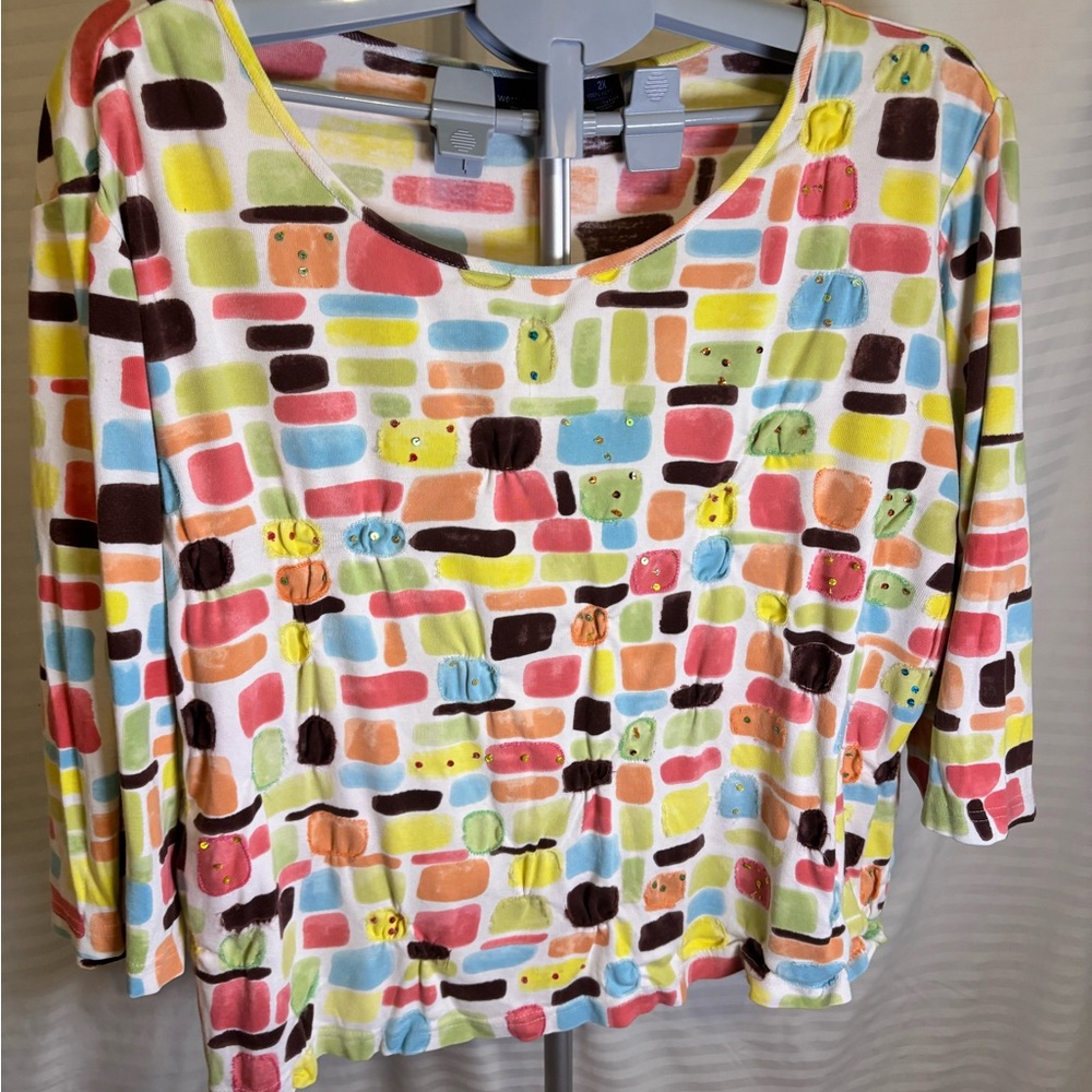 Westbound Multicolor Brick Pattern Long Sleeve Top